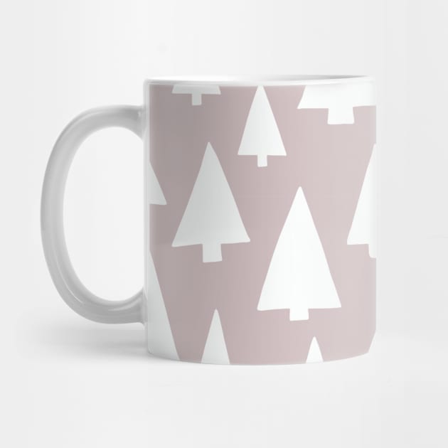 Silhouettes of white Christmas trees on pinkish gray by Sandra Hutter Designs